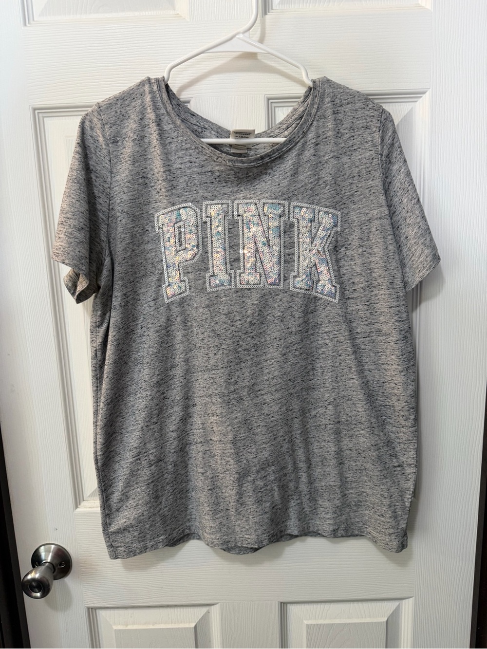 VS PINK Bling Campus Tee Grey Sequin Logo T Shirt XL Like New